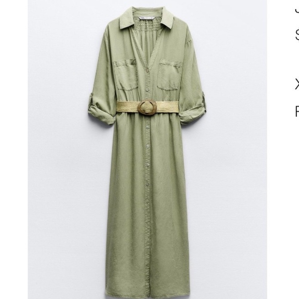 Zara Olive Green Shirt Dress with Jute Belt, size XS